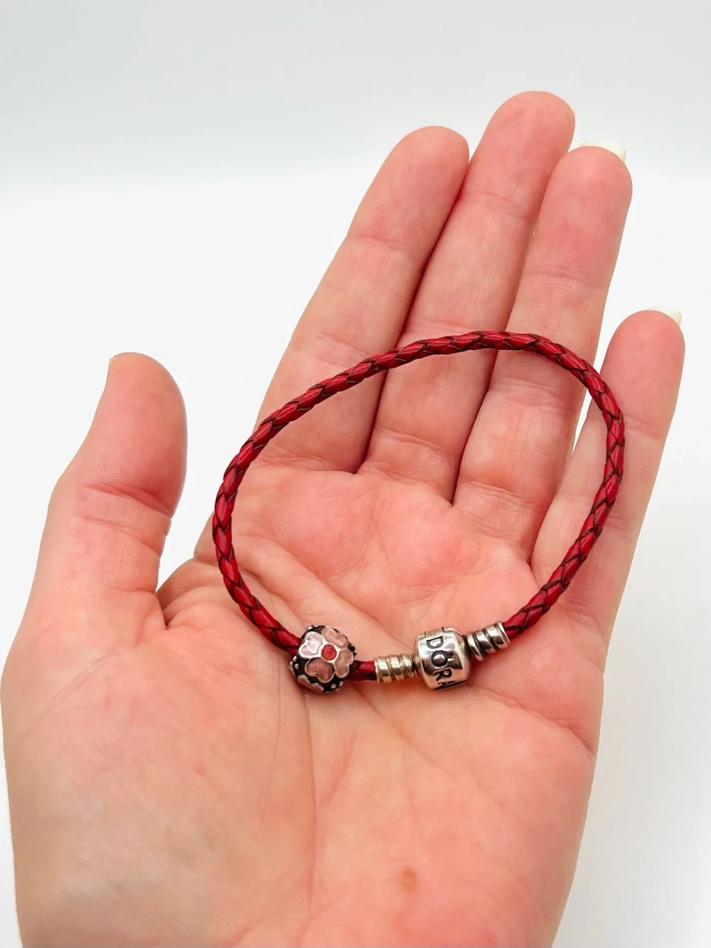 Pandora Moments Dark Pink Burgundy Braided Leather Bracelet w/Flower Bead